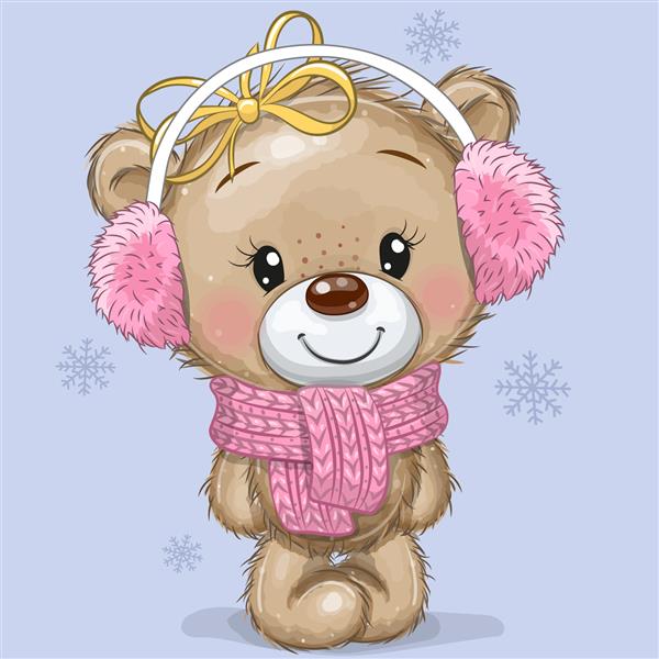 خرس عروسکی کارتونی زیبا با روسری بافتنی و هدفون خز روی پس‌زمینه آبی