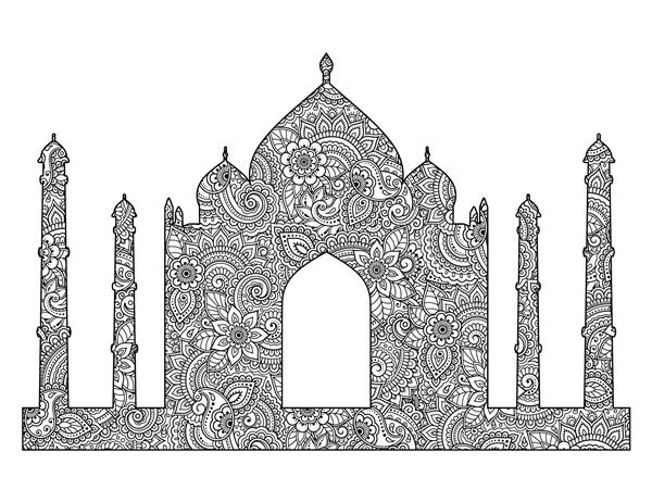 سیلوئت تاج محل با گل هایی به سبک مهندی پر شده است مقبره اسلامی در هند ساختار معماری مسجد مسلمانان تصویر برداری صفحه کتاب رنگ آمیزی