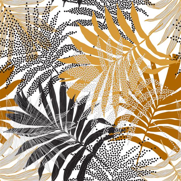 الگوی بدون درز طبیعت گرمسیری سیلوئت های کشیده شده با دست هنر خط پس زمینه نیم تنه برگ های نخل برای پارچه پارچه کاغذ دیواری تصویر هنری وکتور در رنگ های یکپارچهسازی با سیستمعامل طلایی