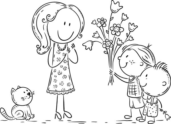 بچه هایی که به مادر یا معلم خود گل هدیه می دهند تصویر کارتونی را طرح کنید