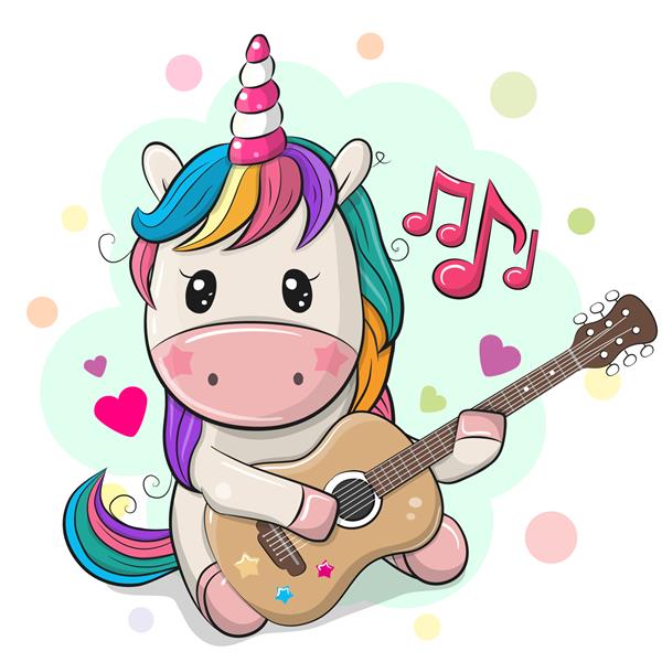اسب شاخدار کارتونی ناز با موهای رنگارنگ در حال نواختن گیتار است