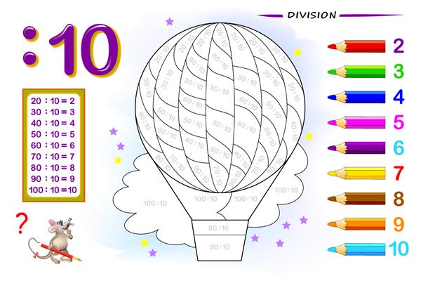 تقسیم بر عدد 10 تمرین های ریاضی برای بچه ها تصویر را نقاشی کنید صفحه آموزشی کتاب ریاضی کاربرگ قابل چاپ کتاب درسی کودکان بازگشت به مدرسه تست آموزش هوش تصویر برداری