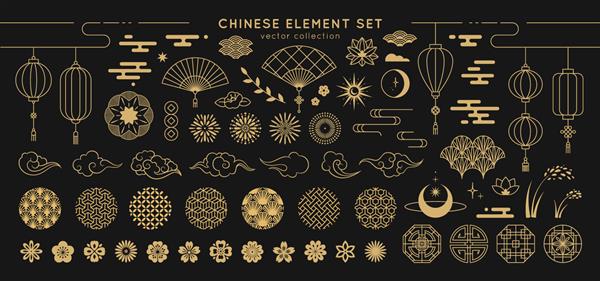 مجموعه عناصر طراحی آسیایی وکتور مجموعه تزئینی از الگوها فانوس ها گل ها ابرها زیور آلات به سبک چینی و ژاپنی