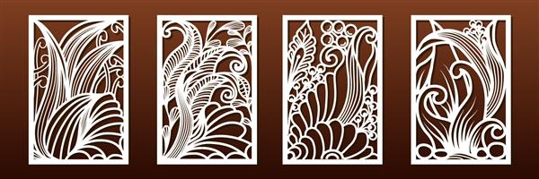 مجموعه پانل های برش لیزری وکتور الگوهایی برای برش چوب یا فلز شابلون فرفری هنر کاغذ کارت یا طراحی داخلی الگوی انتزاعی زیر آب با عناصر گل و صدف دریایی