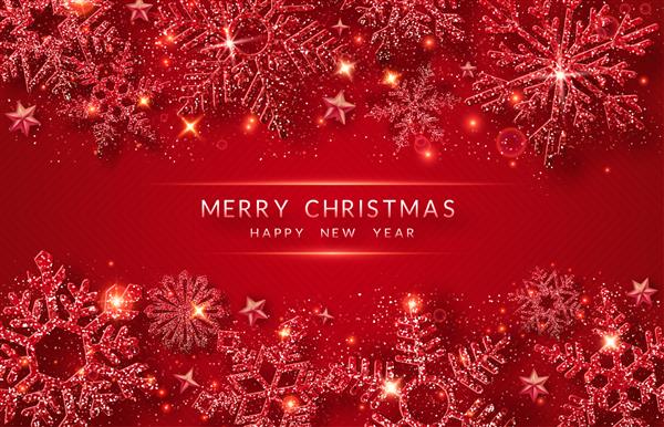 پس زمینه کریسمس با برف و برف طلایی درخشان تصویر کارت کریسمس مبارک در پس زمینه قرمز دانه های براق درخشان با بافت زرق و برق