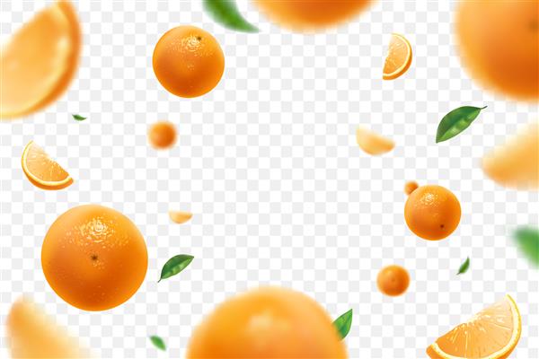 سقوط پرتقال های آبدار با برگ های سبز جدا شده در پس زمینه شفاف پرواز برش های پرتقال بدون تمرکز قابل استفاده برای تبلیغات آب میوه تصویر برداری
