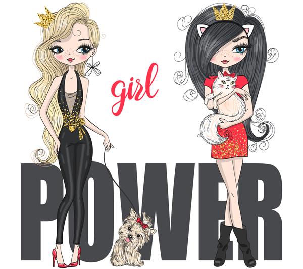 دو دست کشیده شده زیبا و زیبای کارتونی دختران قدرتمند مد با سگ و گربه کوچک تصویر برداری