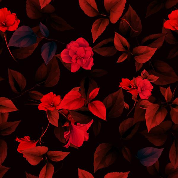 الگوی پس زمینه بدون درز برگ هایی با گل های قرمز قرمز تیره تصویر دیجیتال وکتور - سهام