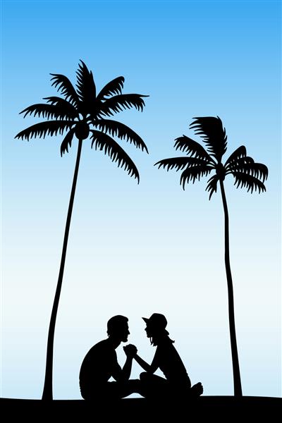 عاشقان نشسته روی ماسه زیر درختان خرما تصویر برداری با شبح زوج در ساحل تعطیلات تابستانی خانوادگی پس زمینه پاستل آبی