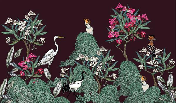 مرز بدون درز سیاه پرندگان عجیب و غریب Udod کاکادو پرنده جرثقیل در باغ درختان خرزهره شکوفه در پس زمینه درام تاریک تصویر جنگل شب جوهر طراحی شده با دست