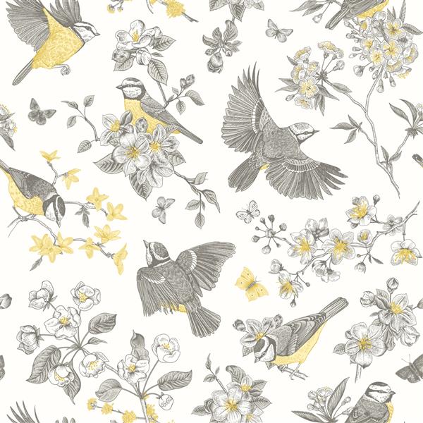 الگوی بدون درز Classis تصویر قدیمی باغ شکوفه با جوانان پرندگان و گلها زرد و خاکستری