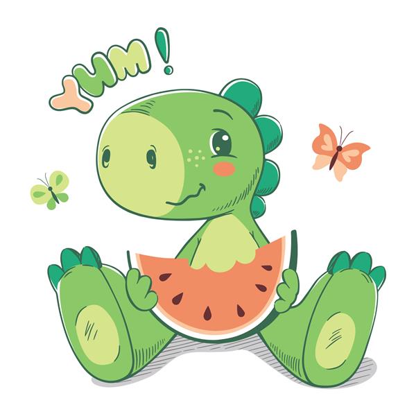 تصویر برداری از بچه دایناسور سبز ناز در حال خوردن هندوانه