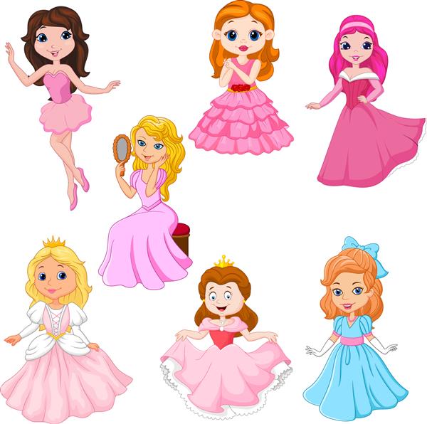 مجموعه ای از شاهزاده خانم های کارتونی زیبا جدا شده در پس زمینه سفید