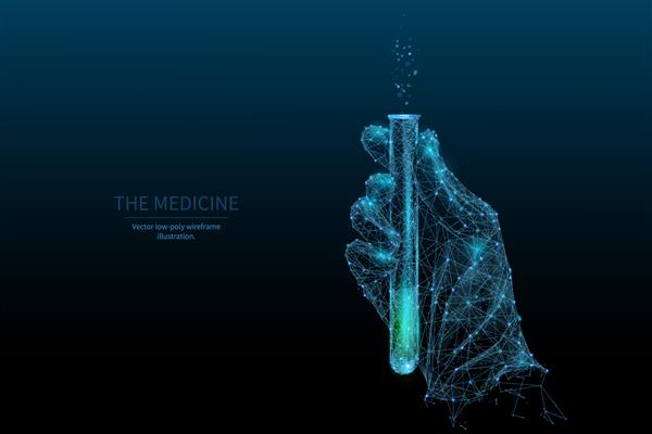 قالب بنر کم پلی وایرفریم پزشکی تجزیه و تحلیل آزمایشگاهی پزشکی چند ضلعی تصویر هنری مش تست آزمایشگاهی علمی لوله نگهدارنده دست دانشمند سه بعدی با مایع متصل