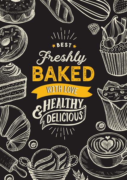 تصویر نانوایی - کیک دونات کروسانت کیک کوچک کلوچه برای رستوران وکتور پوستر طراحی شده با دست برای کافه غذا و کامیون شیرینی طراحی با حروف و گرافیک قدیمی doodle