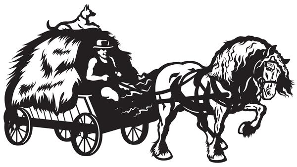 گاری کشیده شده اسب روستایی با یونجه تصویر سیاه و سفید