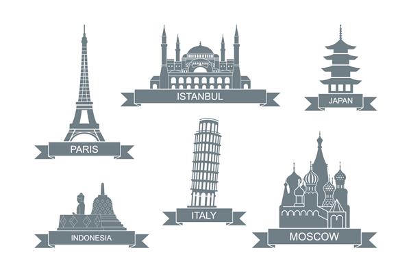 جاذبه های معماری جهان نمادهای تخت تلطیف شده مکان های دیدنی در پاریس استانبول ژاپن ایتالیا روسیه اندونزی