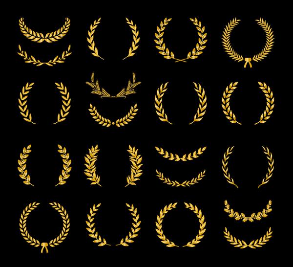 مجموعه‌ای از تاج‌های گل لورل گندم بلوط و زیتون با طرح‌های مختلف طلایی که نشان‌دهنده جایزه دستاورد هرالدریک اشراف بازی‌ساز است تصویر برداری