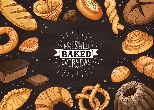 حروف روزانه تازه پخته شده ترکیب قاب افقی از نان کشیده شده با دست تصویر برداری برای مغازه های نانوایی نان تازه دور طرح بنر متنی