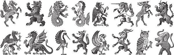 حیوانات برای هرالدری به سبک وینتیج نشان حکاکی شده با پرندگان موجودات افسانه ای ماهی اژدها اسب شاخدار شیر نمادهای قرون وسطایی و آرم پادشاهی فانتزی