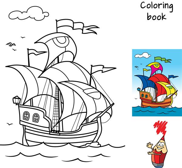 کشتی بادبانی قدیمی کتاب رنگ آمیزی تصویر برداری کارتونی