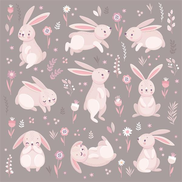 خرگوش های ناز در حال خواب دویدن نشستن شخصیت های دوست داشتنی عید پاک تصویر برداری