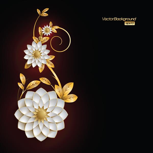 گلهای سه بعدی سفید و طلایی به سبک ارابسک در زمینه تیره پس زمینه تیره با طرح گل کارت طرح گل