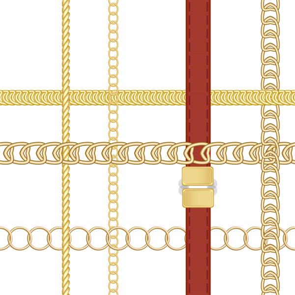 الگوهای بدون درز زنجیر و کمربند طلا برای طراحی پارچه تصویر برداری رنگی جدا شده در پس زمینه سفید