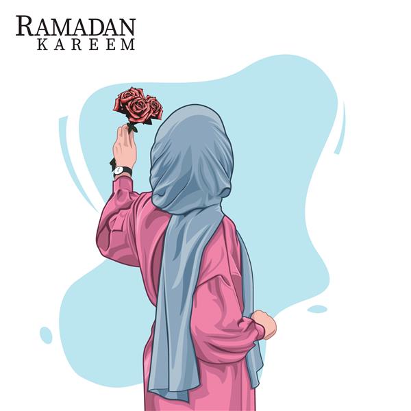 دختر با حجاب که در ماه رمضان گل در دست دارد تصویر برداری