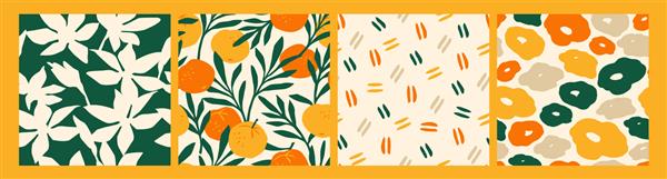مجموعه ای هنری از الگوهای بدون درز با گل های انتزاعی و پرتقال طراحی مدرن برای کاغذ جلد پارچه دکوراسیون داخلی و سایر کاربران