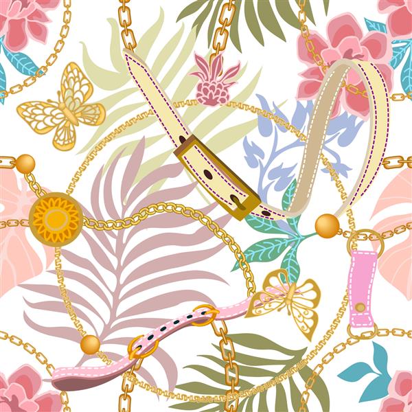 پروانه های طلایی زنجیر و برگ خرما در زمینه سفید الگوی وکتور بدون درز با نقوش استوایی قالب برای روسری لباس پیراهن مجموعه نساجی قدیمی