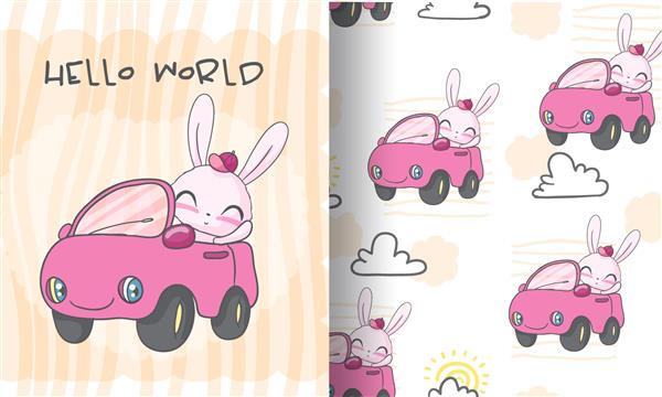 خرگوش کوچولوی ناز رانندگی ماشین با تصویر الگو برای بچه ها