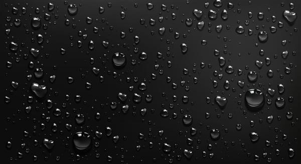 قطرات آب چگالش در پس زمینه شیشه ای سیاه قطرات باران با انعکاس نور روی سطح پنجره تیره بافت مرطوب انتزاعی الگوی پراکنده حباب های آبی خالص تصویر برداری سه بعدی واقعی