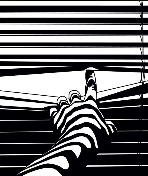کرکره غلتکی با دست نمای را از طریق کرکره باز می کند تصویر برداری گرافیکی سیاه و سفید