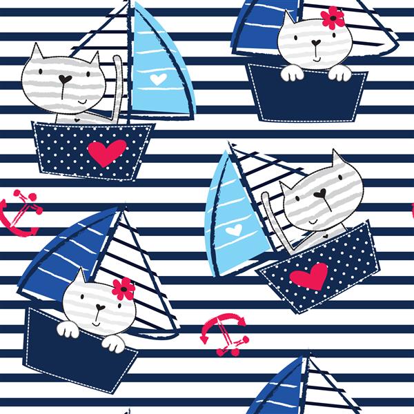 کارتون وکتور گربه ملوان زیبا روی قایق بادبانی الگوی بدون درز با گربه روی قایق بادبانی