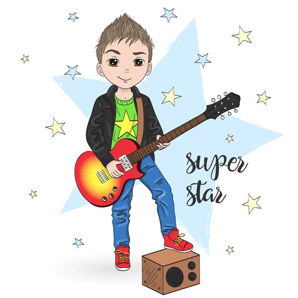پسر کارتونی دستی با گیتار تصویر برداری