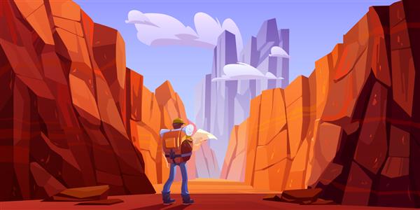 مرد کوهنورد با نقشه در جاده بیابانی در دره ای با کوه های قرمز وکتور منظره کارتونی پارک طبیعی با صخره های سنگی صخره ها و کوله پشتی توریستی برای پیاده روی در تنگه