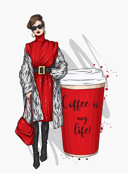 دختر زیبا و لیوان قهوه تصویر برداری برای کارت پستال یا پوستر قهوه برای رفتن سبک مد