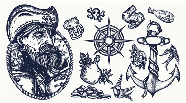 مجموعه دزدان دریایی مجموعه وکتور خالکوبی کاپیتان طوطی قطب نما لنگر رام جزیره گنج پرستوها ماجراجویی دریا سبک خالکوبی سنتی