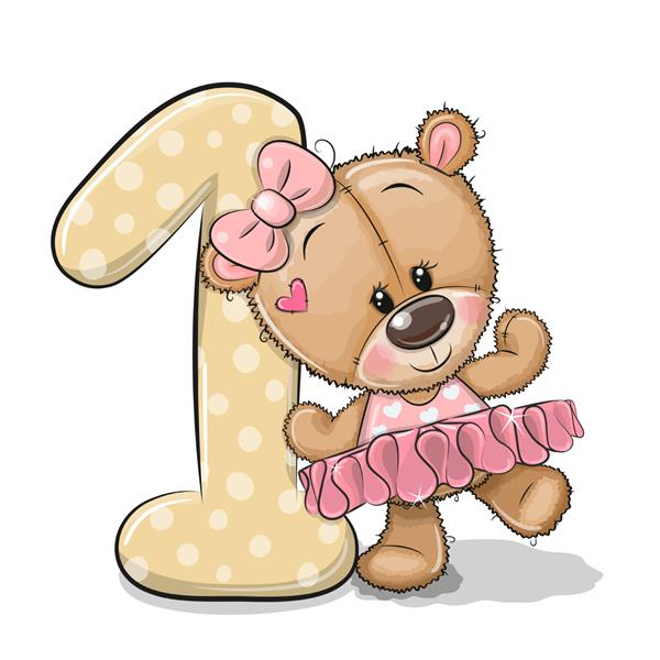 کارتونی زیبا دختر خرس عروسکی و شماره یک جدا شده در پس زمینه سفید