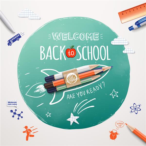 به مدرسه خوش آمدید پرتاب کشتی موشکی ساخته شده با مداد رنگی آیتم ها و عناصر مدرسه واقعی به بنر مدرسه خوش آمدید تصویر برداری EPS 10