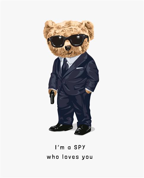 اسباب بازی خرس زیبا در تصویر لباس جاسوسی