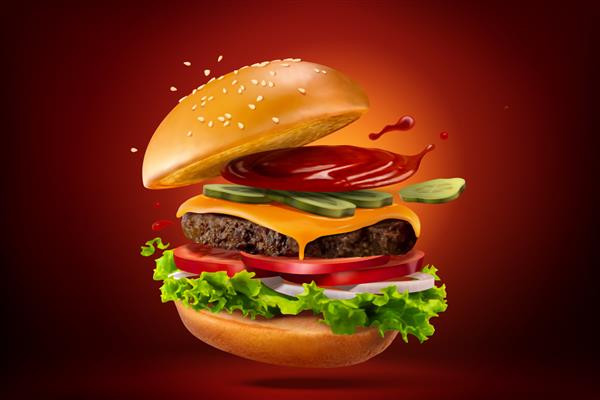 نمای نزدیک از همبرگر خانگی با سس کچاپ پاشیده جدا شده در پس زمینه قرمز سیاه تصویر سه بعدی