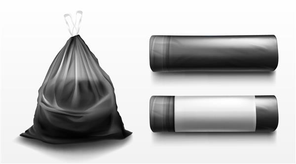 کیسه پلاستیکی سیاه برای زباله زباله و زباله وکتور ماکت واقعی کیسه زباله پلی اتیلن به صورت رول و پر از زباله گونی گره خورده با زباله جدا شده در پس زمینه شفاف