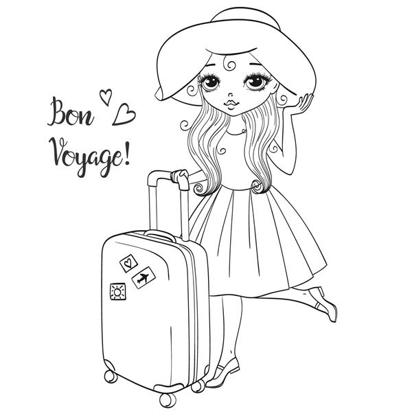 دختر زیبا و دوست‌داشتنی با دست کشیده شده با چمدانی که روی پس‌زمینه ایستاده است و عبارت Bon voyage sketch تصویر برداری