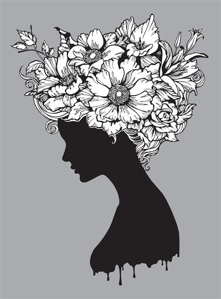 سیلوئت یک دختر زیبا با گل در موهایش تصویر برداری تلطیف شده