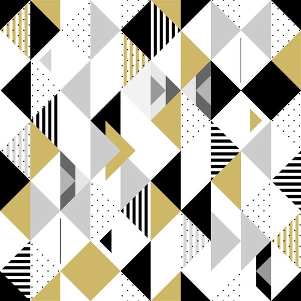 الگوی بدون درز هندسی پس‌زمینه مثلثی انتزاعی با راه راه و نقطه‌های پولکا الگوی سیاه و سفید طلایی تصویر برداری