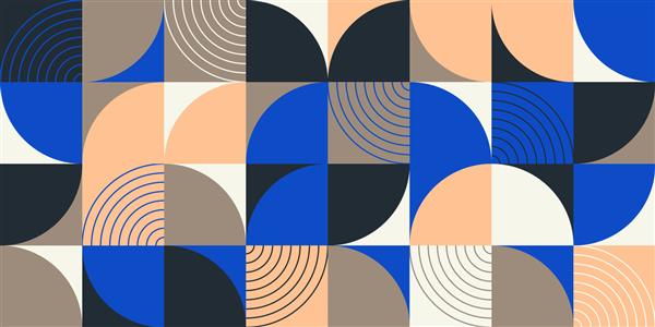 طرح الگوی هندسی پس‌زمینه رنگی انتزاعی اسکاندیناوی با چاپ‌های هندسی سوئیسی از مستطیل‌ها مربع‌ها و دایره‌های بردار