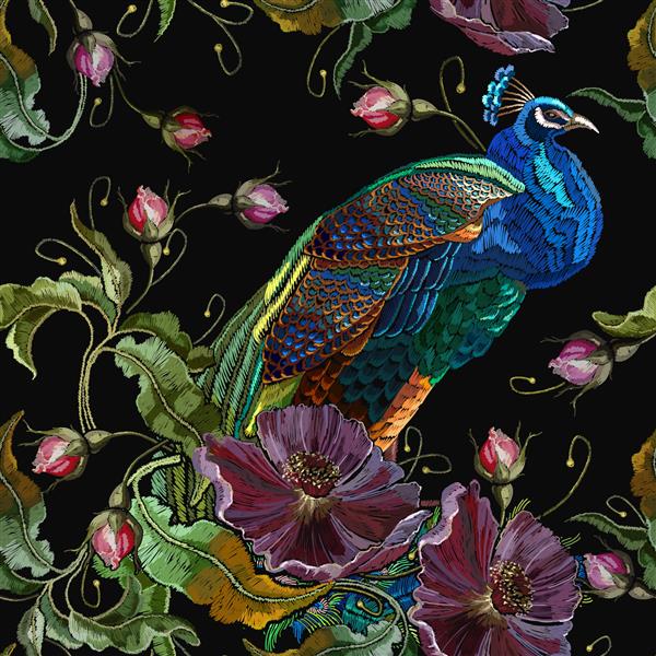 الگوی بدون درز طاووس گلدوزی و گل بنفشه قالب شیک برای طراحی لباس