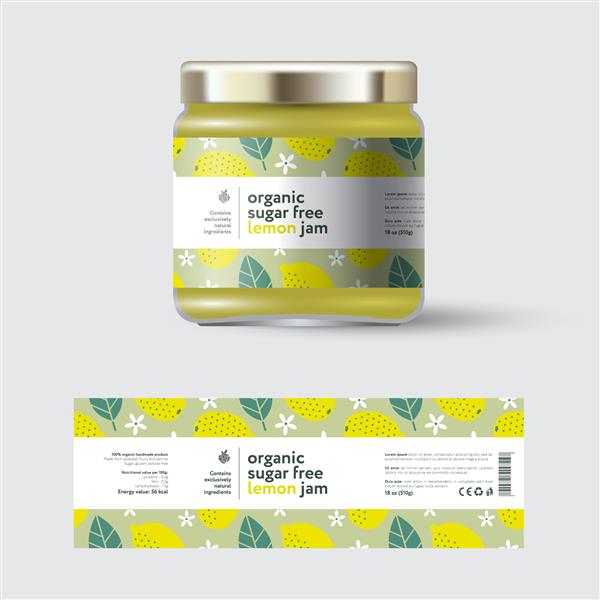 برچسب و بسته بندی مربای لیمو شیشه با درپوش با برچسب نوار سفید با متن و روی الگوی بدون درز با میوه گل و برگ